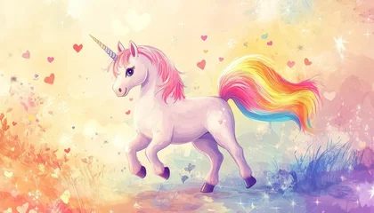 Baby pegasus unicorn with rainbow tail surrounded by stars and hearts in a whimsical scene