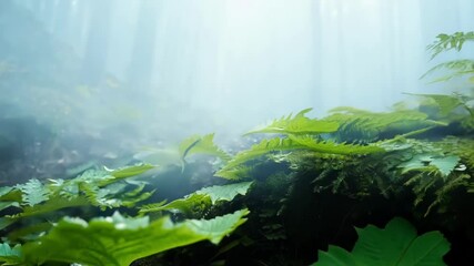 Vibrant green leaves covered in sparkling dewdrops thrive on a mossy rock, capturing the essence of a tranquil and misty forest scene - Powered by Adobe