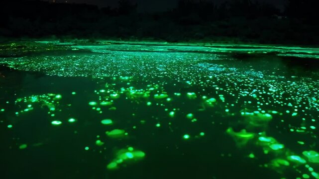 Bioluminescent algae is creating a magical atmosphere with its glowing particles illuminating the water surface at night. The glowing effect is creating a surreal and captivating scene