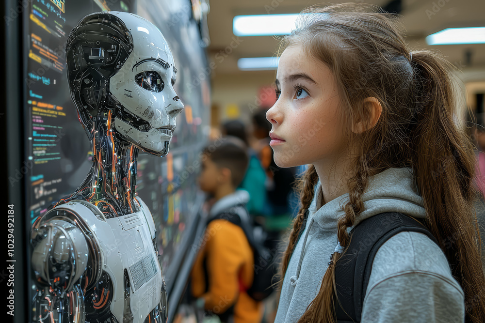 Poster a classroom with adaptive ai technologies that evolve based on student needs, illustrating personali