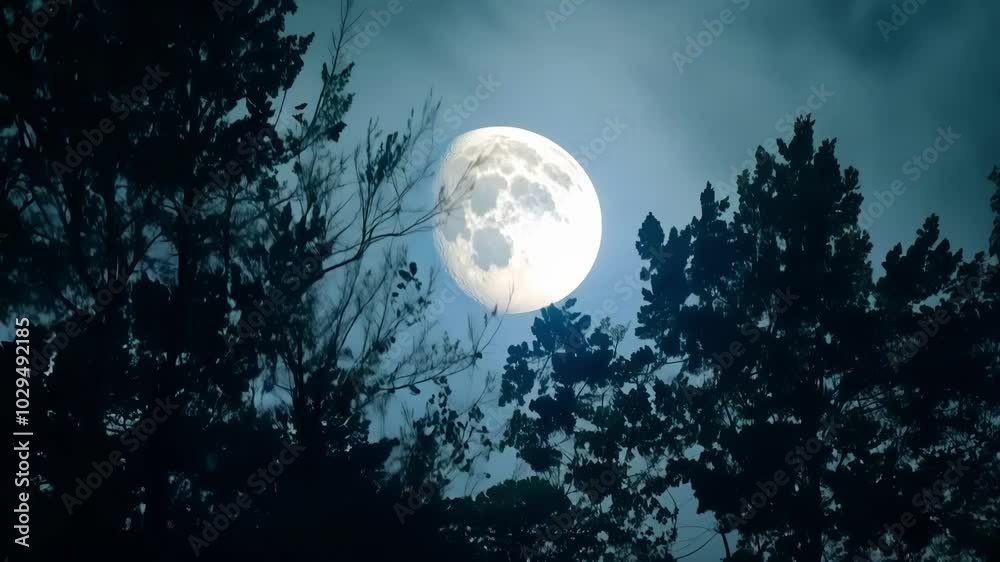 Poster spooky night with a bright full moon shining on tree branches, creating a mysterious atmosphere perf