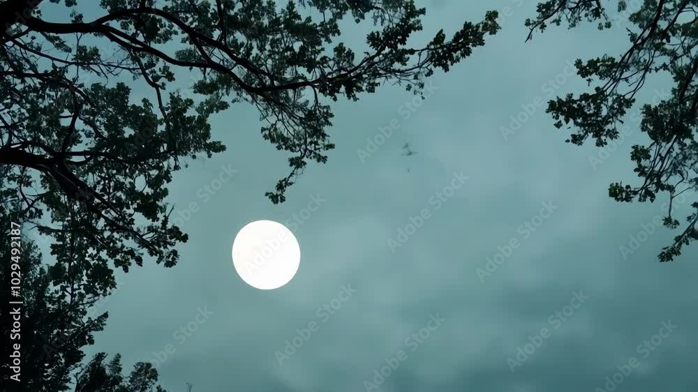 Aufkleber bright full moon shines on leafy trees under a teal cloudy sky, creating a serene atmosphere. moonli