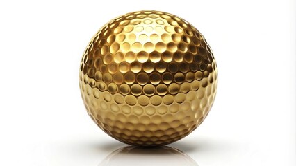 Reflected golden golf ball isolated on white background
