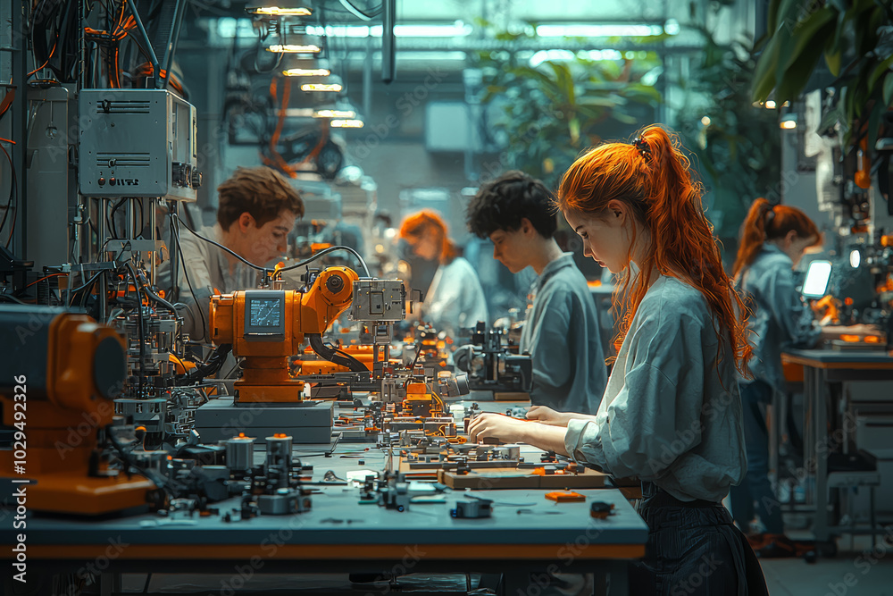 Poster a classroom of students working with ai to build robots, symbolizing the merging of ai education wit