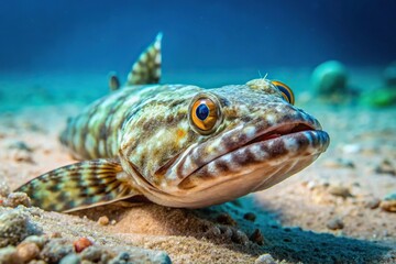 Underwater image of single reef lizardfish resting on sandy seabed during freediving