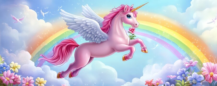 Cute pegasus unicorn jumping over a rainbow while holding a flower