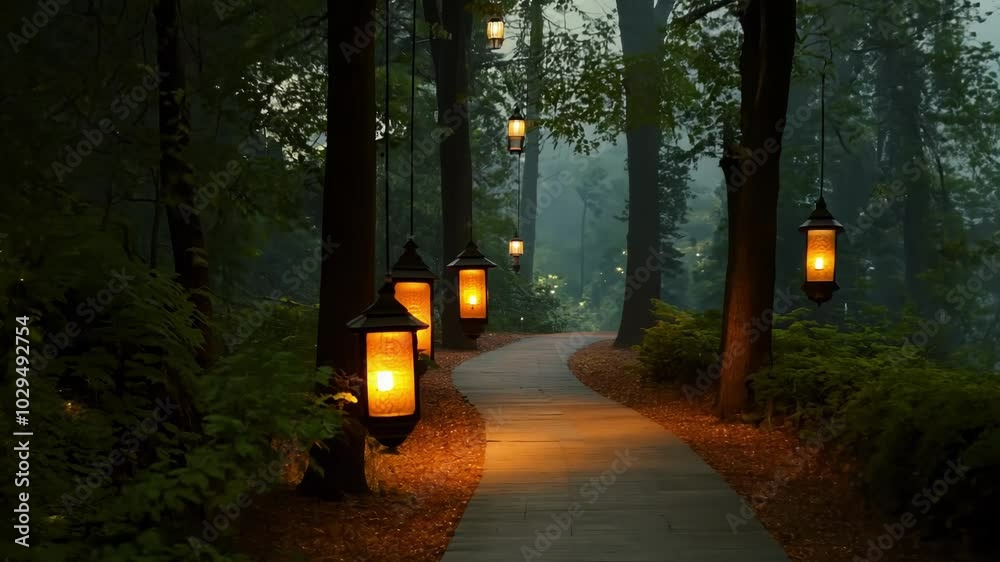 Aufkleber Serene pathway is illuminated by lanterns hanging from trees, creating a magical ambiance as fog rolls in at twilight