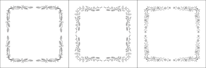 Set of three vector decorative frames, vegetal ornamental frame with flowers, decorative border, corners for greeting cards, banners, business cards, invitations. Isolated vector illustration.	
