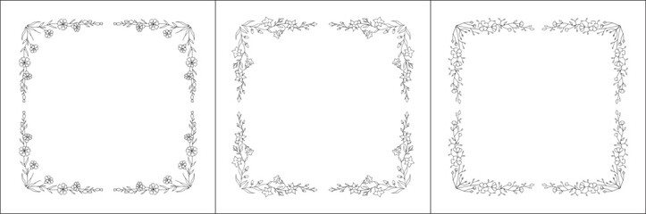 Set of three vector decorative frames, vegetal ornamental frame with flowers, decorative border, corners for greeting cards, banners, business cards, invitations. Isolated vector illustration.	

