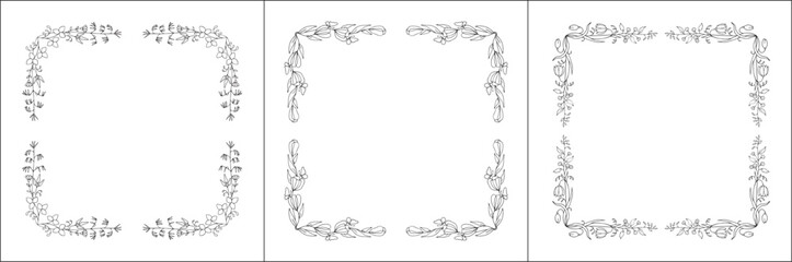 Set of three vector decorative frames, vegetal ornamental frame with flowers, decorative border, corners for greeting cards, banners, business cards, invitations. Isolated vector illustration.	
