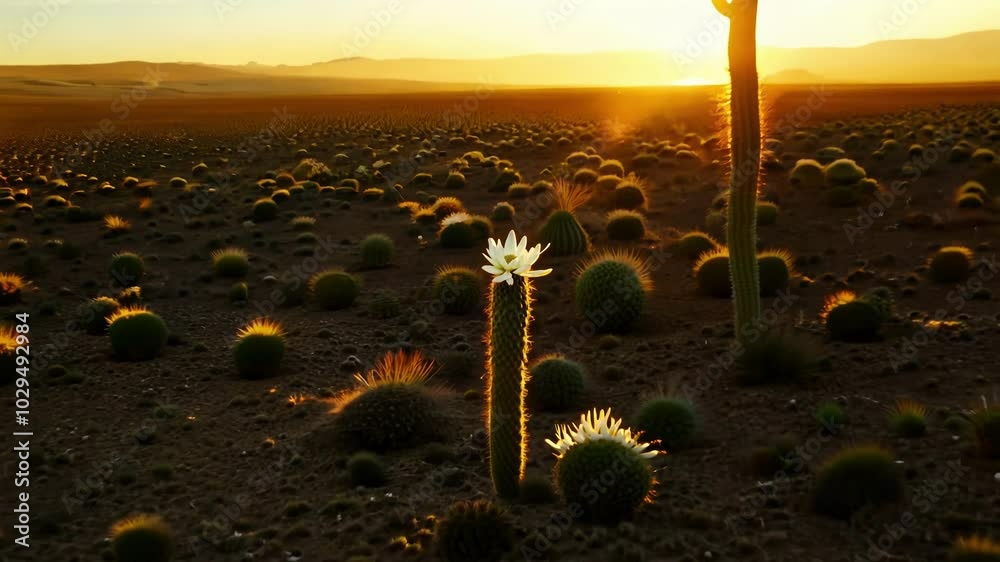 Poster single white cactus flower is blooming on a tall cactus in the desert, illuminated by the warm glow 