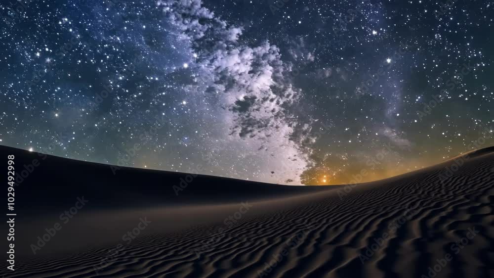 Poster the vast expanse of sand dunes under a starry sky is illuminated by the glowing milky way galaxy, cr