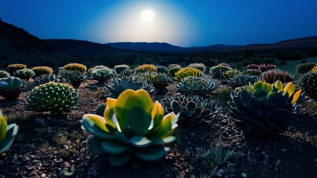 The warm sunset light bathes a desert garden with vibrant cacti and succulents, creating a stunning scene perfect for enjoying the evening twilight