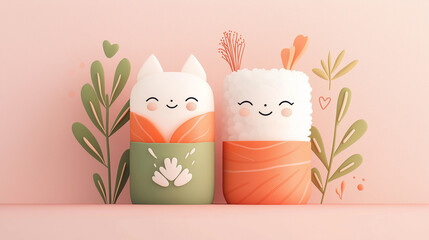 Cute sushi characters with smiling faces in a pink background.