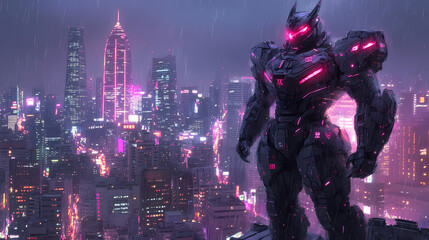 Mecha Samurai Overlooking Neon City: Futuristic Anime Art