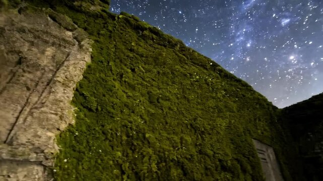 Stone mayan ruins stand tall at night, illuminated by lights with thonds of stars shining bright above at the caracol archaeological site in belize