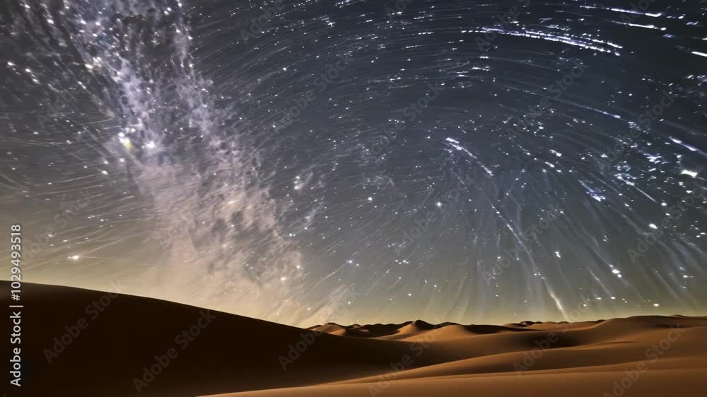 Poster Long exposure showing star trails arcing over sand dunes in the desert. This image inspires a sense of awe and wonder