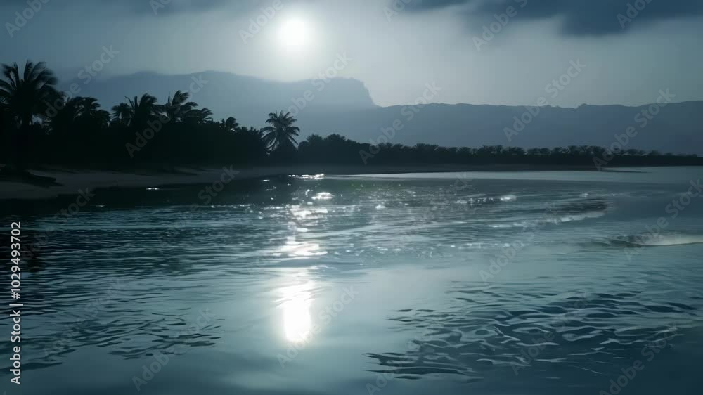 Poster Serene tropical beach at night. Moonlight casting a silvery reflection in calm waters. Palm trees standing tall against the dark sky. Creating a tranquil scene ideal for a romantic vacation getaway