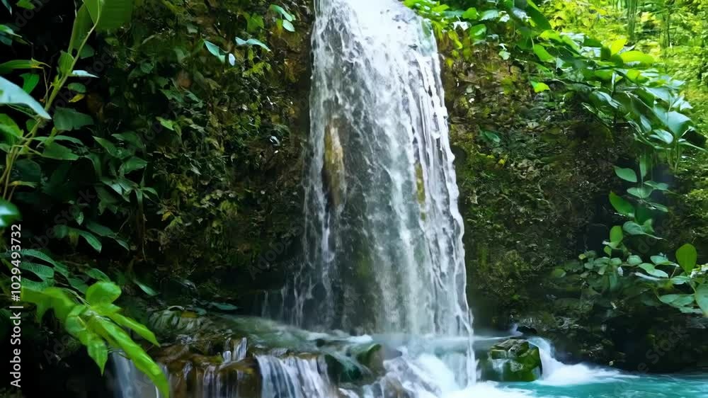 Poster water cascading down a small cliff in a lush green tropical jungle. creating a serene and tranquil s