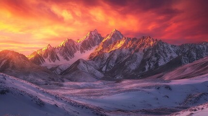  Red and yellow skies surround a snow-covered mountain range during sunset