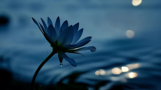 Blue lotus flower blooms on a long stem with water droplets clinging to its petals. The background is a dreamy, blue blur