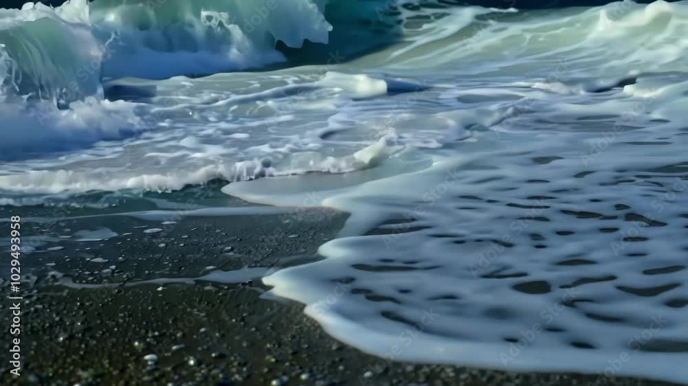 Poster Powerful ocean wave with white sea foam is breaking on a sandy shore creating a beautiful natural background with copy space