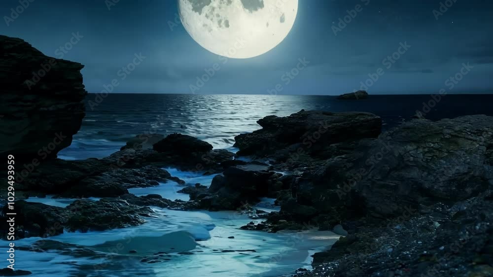 Aufkleber the ocean flows peacefully around rocks at night, with the full moon reflecting on the water, creati