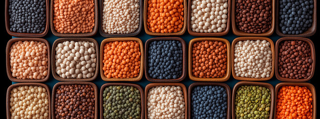A colorful assortment of lentils in small bowls.
