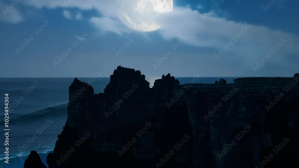 Poster full moon is illuminating the ocean at night, creating a bright path of moonlight on the water behin