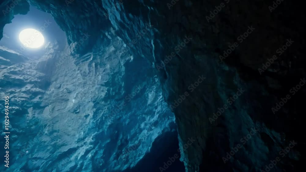 Poster Light filtering through a hole in a dark ice cave, casting a soft glow on the textured icy wall, creating mesmerizing shadows and patterns