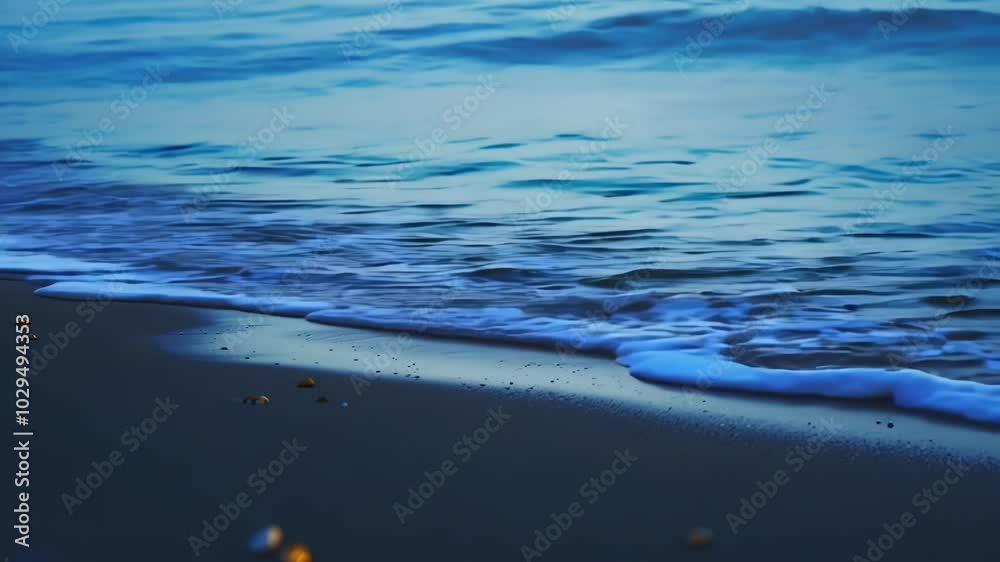 Poster Soft blue waves gently lap on sandy beach at twilight, creating peace and tranquility. Serene ocean meeting shore is perfect for relaxation and meditation