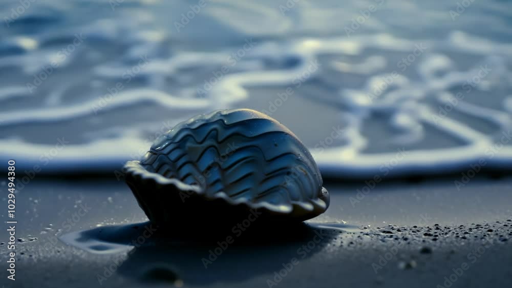 Poster Serene beach scene at twilight with a seashell on damp sand, ocean waves receding in the distance, capturing nature's beauty and inviting relaxation