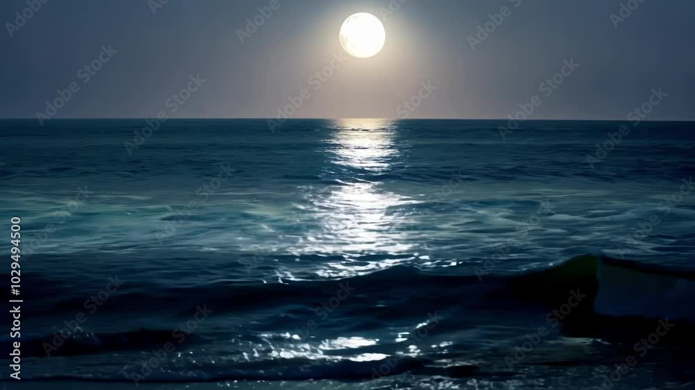 Poster bright full moon is illuminating the ocean surface, creating a magical and serene atmosphere. the mo