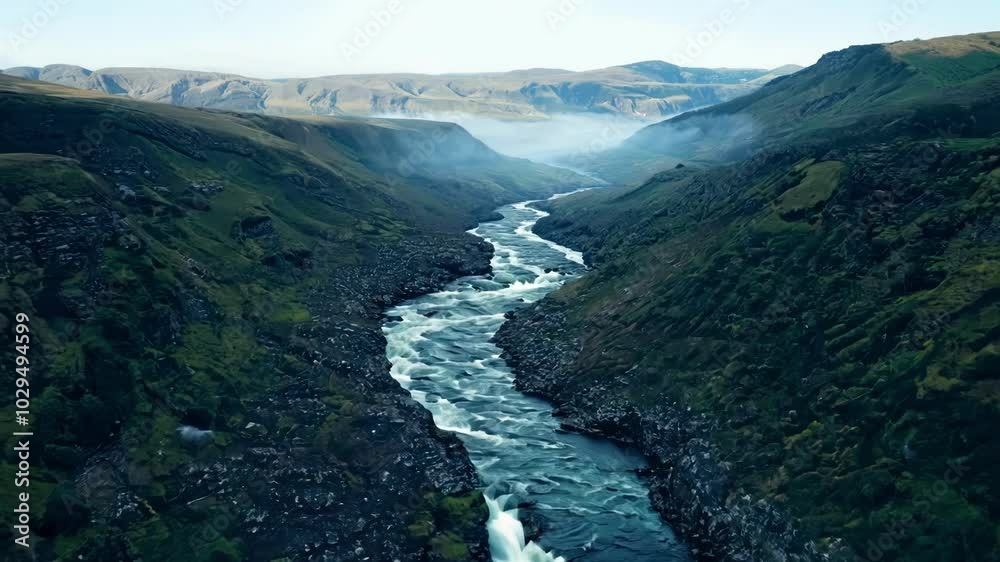 Poster breathtaking aerial view of a river flowing through a rugged mountain valley, with low clouds adding