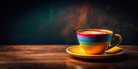 Panoramic colored cup of aromatic coffee on dark background