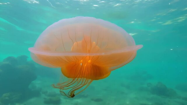 Large, translucent jellyfish with orange tentacles gracefully navigating through clear turquoise water, its bell pulsing gently as it propels itself forward near the sandy ocean floor
