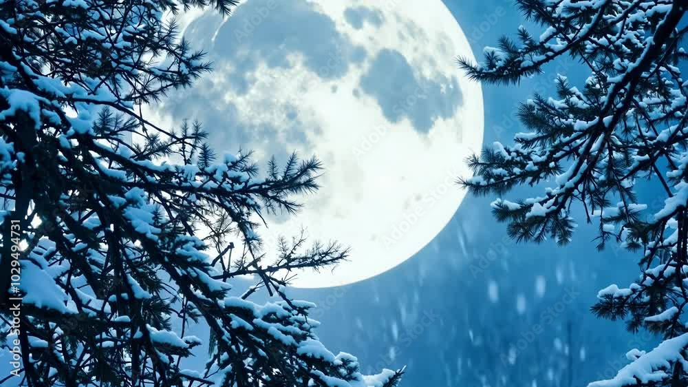 Poster snow falls gently on pine tree branches, moonlight casting a soft glow on the winter night, creating
