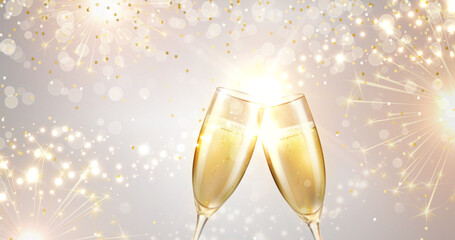 Champagne or white wine glasses on sparkle firework and gold bokeh effect background. Vector Happy New Year alcohol toast wineglasses. 3d festive wedding event elements with golden fizzy drink © Kindlena
