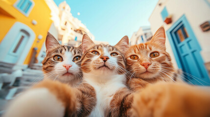 Three cats take a selfie in a colorful setting, one tabby, one calico, and one ginger.