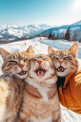 Obraz premium Three cats take a selfie in the snow, with a mountain range in the background.