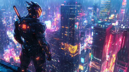 Fototapeta premium Mecha Samurai Overlooking Neon City: Futuristic Anime Art