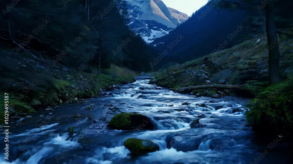Poster cold blue wild river is flowing through a shadowy valley, surrounded by trees and rocks with a snow 