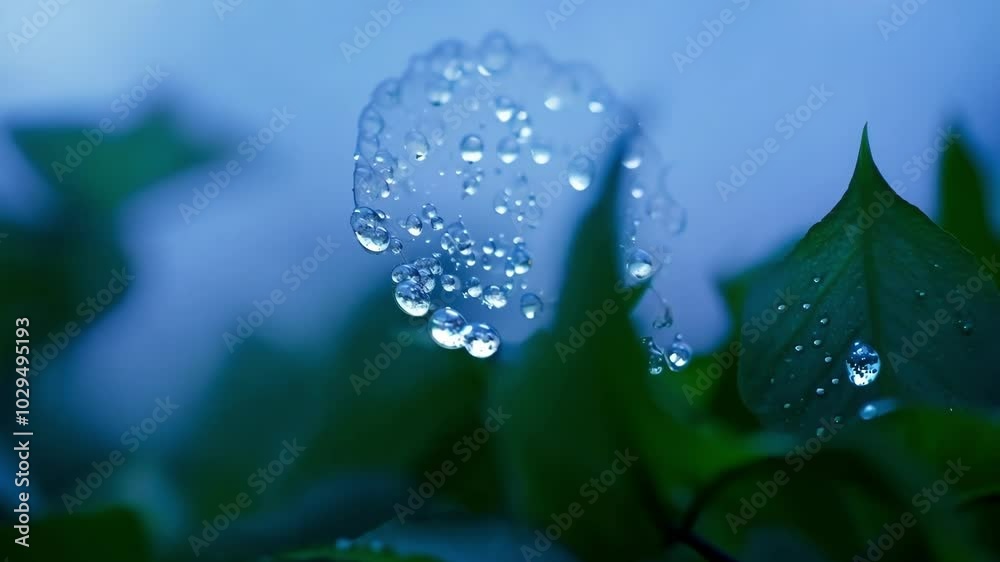 Poster Intricate spider web with glistening water droplets clinging to its delicate threads, sparkling in the soft morning light with a serene blue background