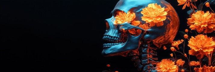 Spooky skeleton adorned orange flowers in black background. Eerie Halloween decor with macabre and beauty. Halloween celebration and artistic interpretation of death. Banner with copy space