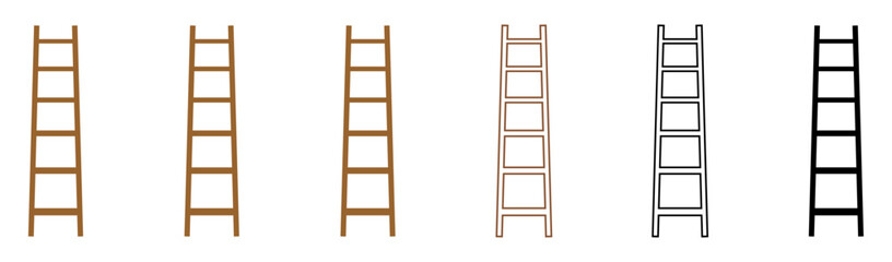 Set of wooden ladders step vector icon. Set of various ladders. Brown and black ladder vector isolated on white background. Step ladder icons set simple graphic design. Vector illustration.