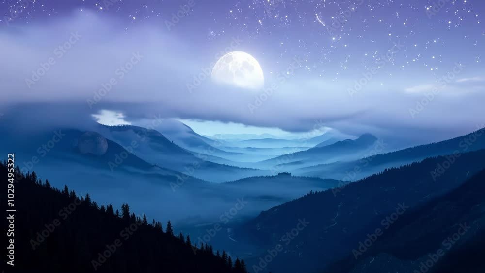 Poster moon shining above misty mountains and hills, casting magical glow over serene landscape. clouds and
