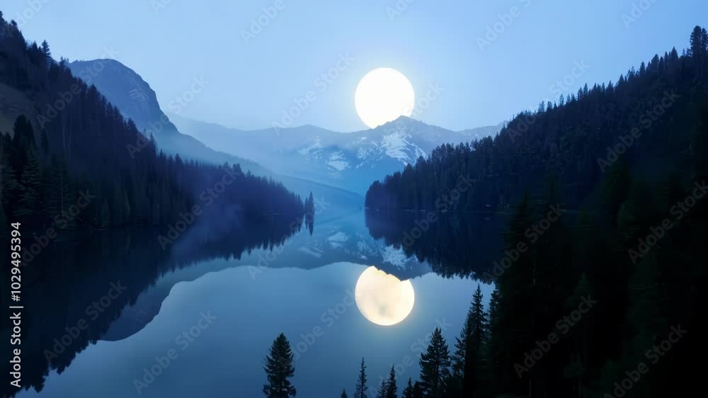 Aufkleber Bright full moon is illuminating the snow capped peaks of a mountain range and coniferous forests, creating a mirror like reflection on the surface of a tranquil lake at night