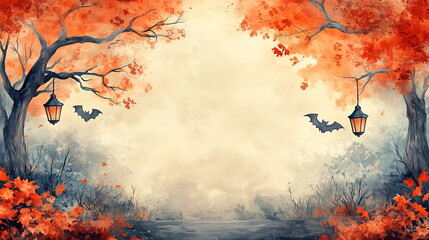 Spooky Halloween watercolor cartoon frame with autumn trees, lantern, bats and orange leaves on background. Banner, poster, card with copy space, backdrop, template for festive design