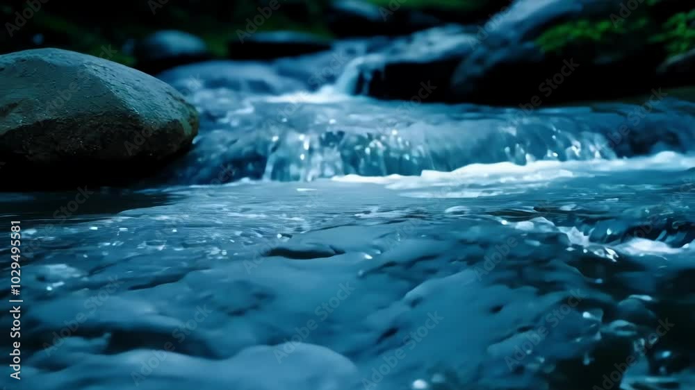 Poster The river flows over rocks in a lush forest, creating mesmerizing rapids and bubbles. The landscape blends blues and greens, embodying nature's serene beauty