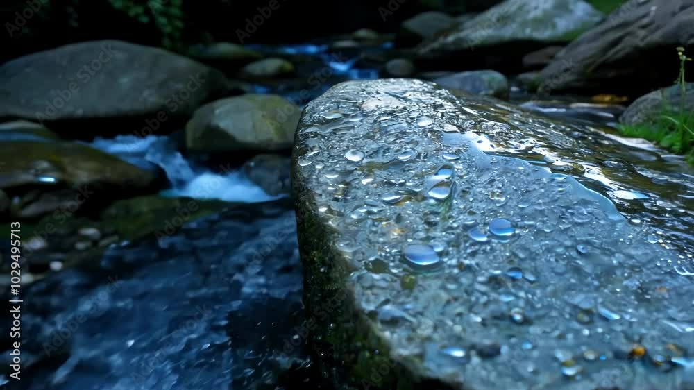 Poster water droplets form on a smooth rock by a river, creating a calm, serene atmosphere. blue hues spark